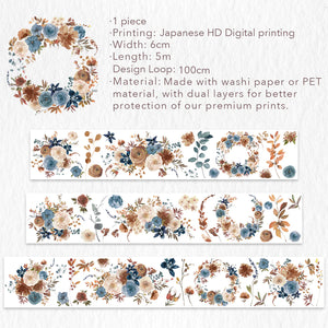 Washi Tape: Dusty Blue Florals -  Wide